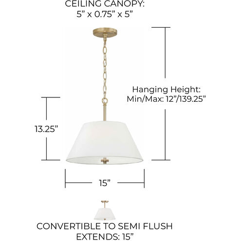 Parson 3 Light 15 inch Matte Brass Semi-Flush Ceiling Light, Convertible Dual Mount