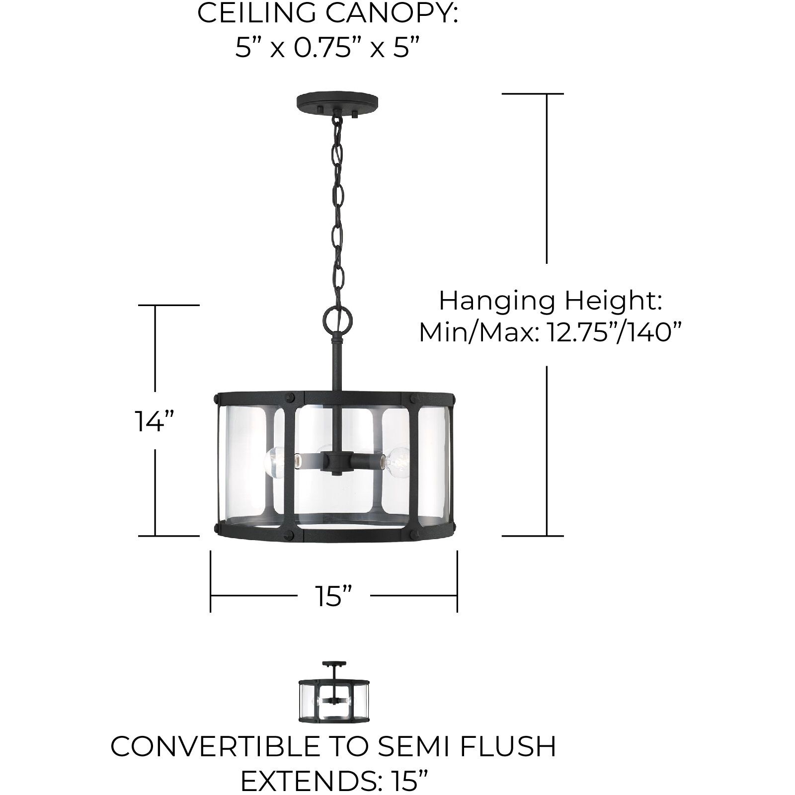 Brennen 3 Light 15 inch Black Iron Semi-Flush Mount Ceiling Light, Convertible Dual Mount